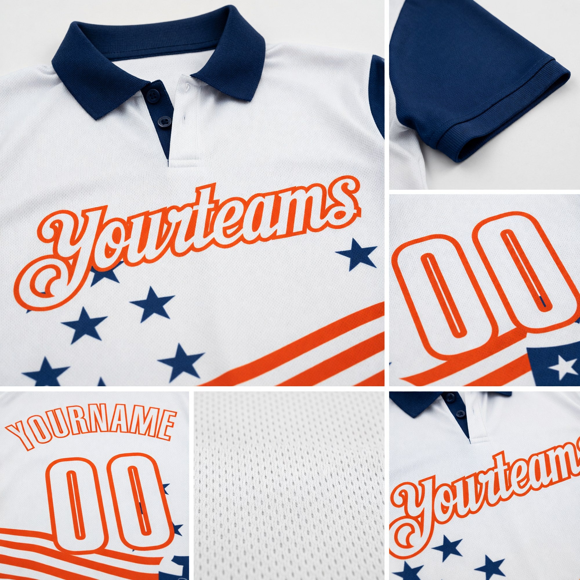 Custom White US Navy Blue-Orange Patriotic American Flag Bowling Ball And Pins Strike Performance Polo Shirt detail