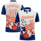 Custom White US Navy Blue-Orange Patriotic American Flag Bowling Ball And Pins Strike Performance Polo Shirt photo 1