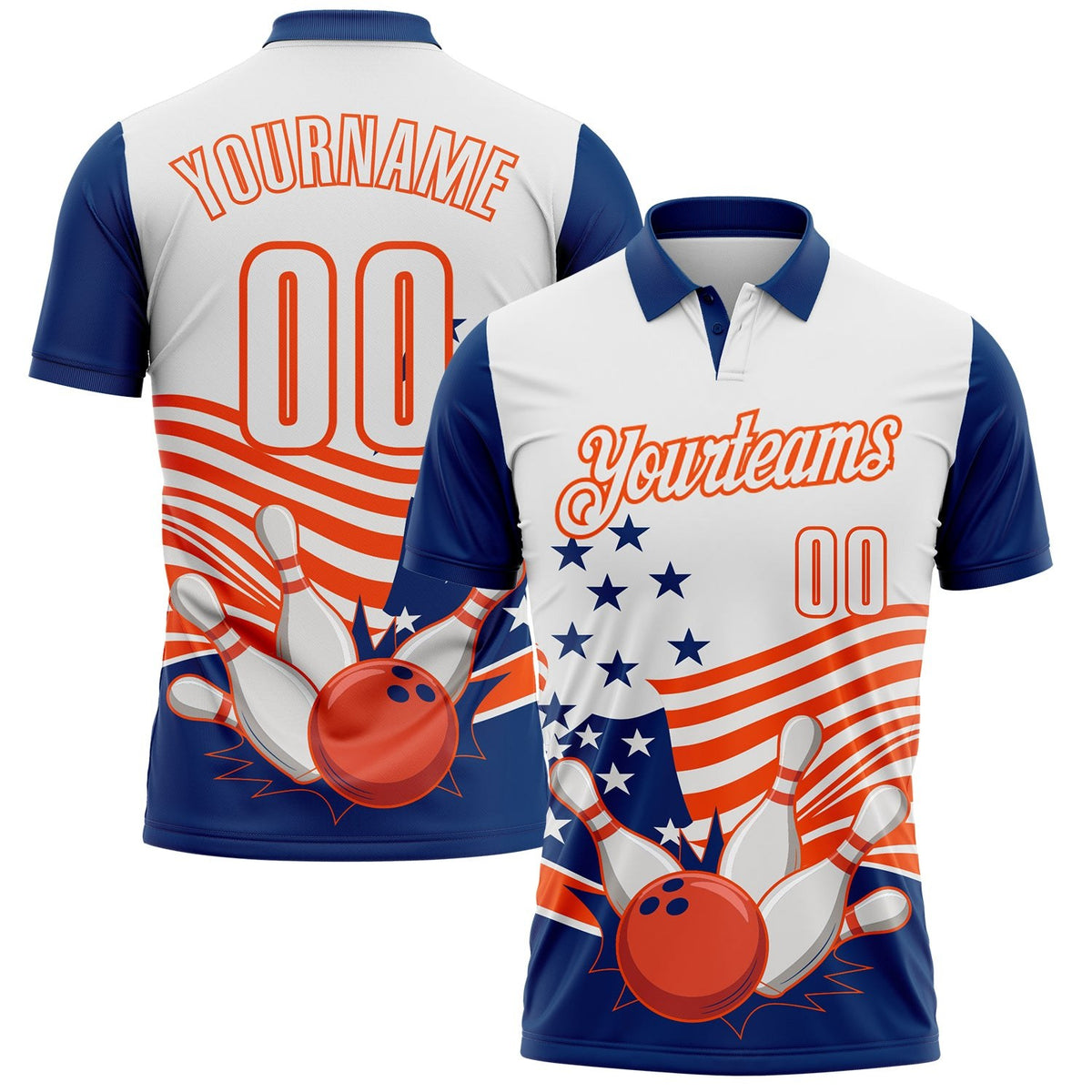 Custom White US Navy Blue-Orange Patriotic American Flag Bowling Ball And Pins Strike Performance Polo Shirt photo 1