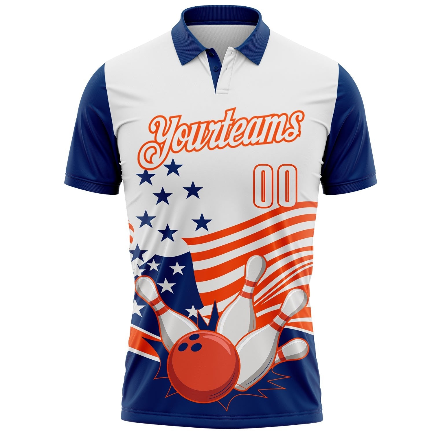 Custom White US Navy Blue-Orange Patriotic American Flag Bowling Ball And Pins Strike Performance Polo Shirt photo 2
