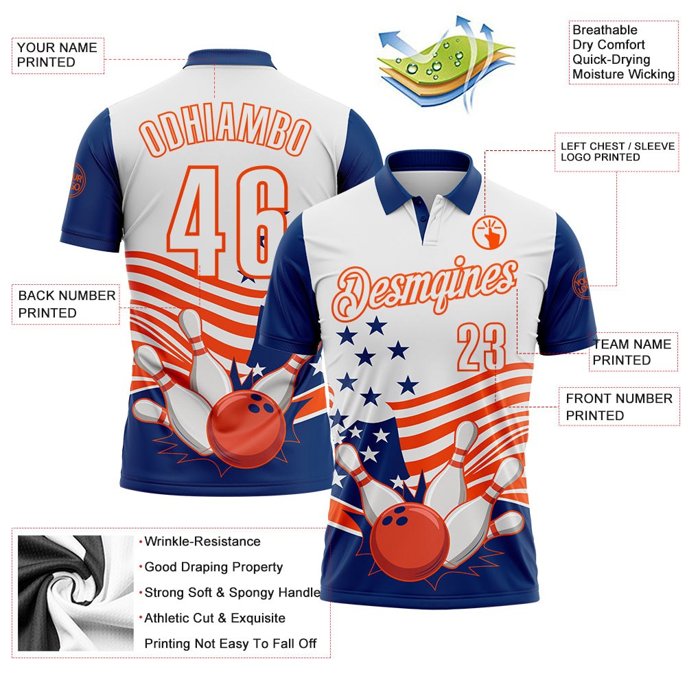 Custom White US Navy Blue-Orange Patriotic American Flag Bowling Ball And Pins Strike Performance Polo Shirt photo 3