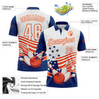 Custom White US Navy Blue-Orange Patriotic American Flag Bowling Ball And Pins Strike Performance Polo Shirt photo 3