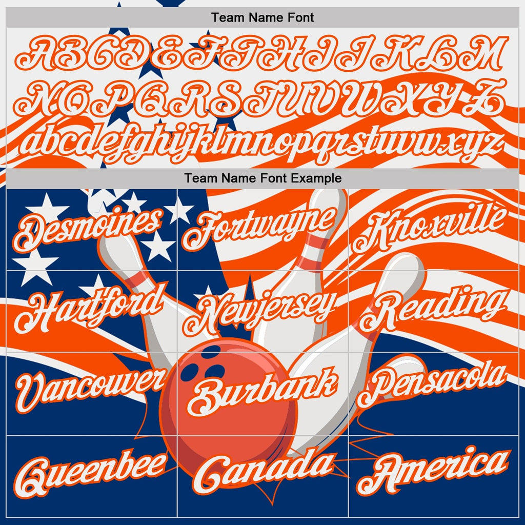 Custom White US Navy Blue-Orange Patriotic American Flag Bowling Ball And Pins Strike Performance Polo Shirt photo 4