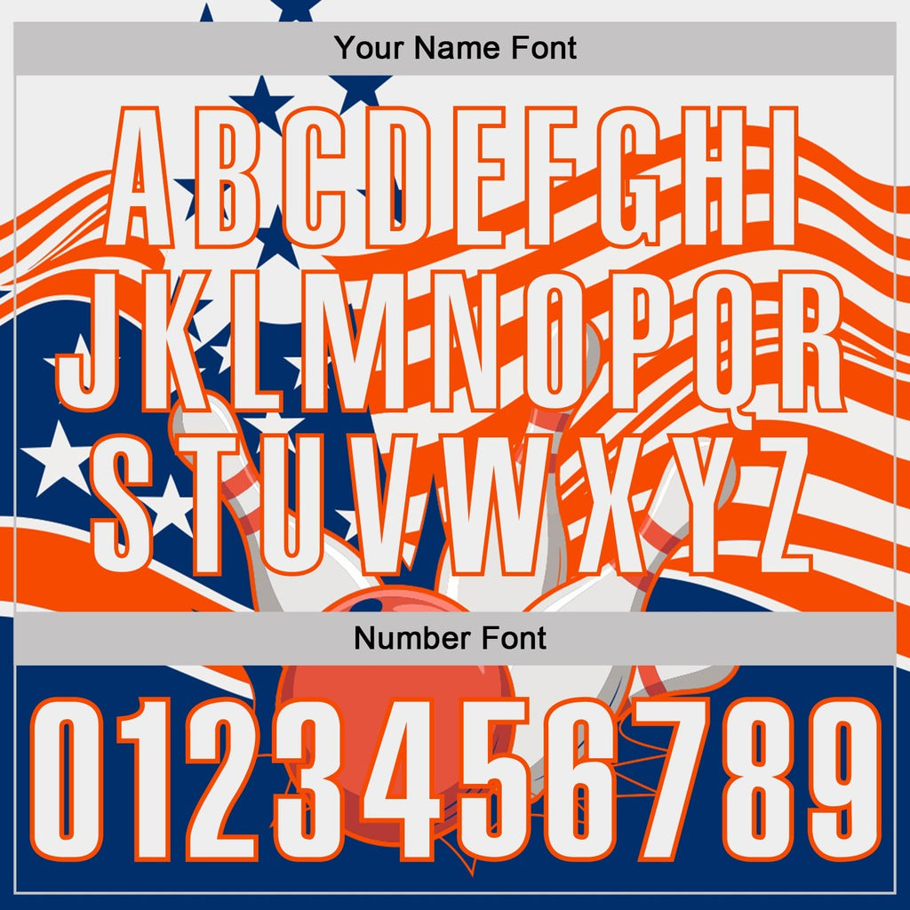 Custom White US Navy Blue-Orange Patriotic American Flag Bowling Ball And Pins Strike Performance Polo Shirt photo 5