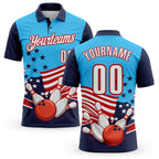 Custom Sky Blue White Navy-Red Patriotic American Flag Bowling Ball And Pins Strike Performance Polo Shirt