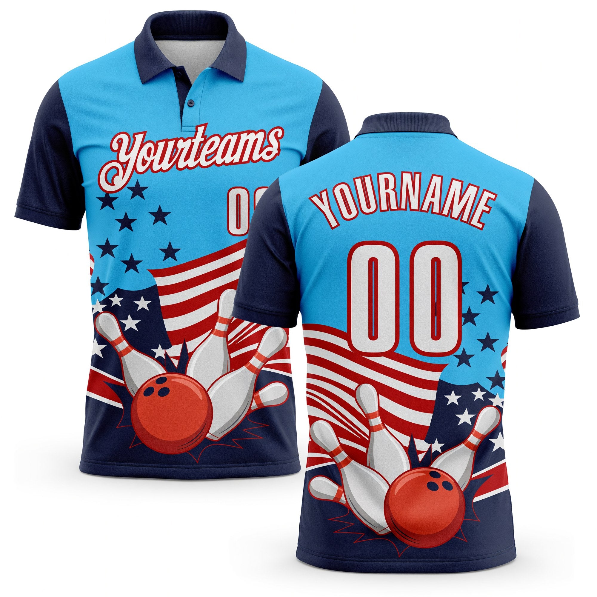 Custom Sky Blue White Navy-Red Patriotic American Flag Bowling Ball And Pins Strike Performance Polo Shirt