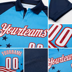 Custom Sky Blue White Navy-Red Patriotic American Flag Bowling Ball And Pins Strike Performance Polo Shirt detail