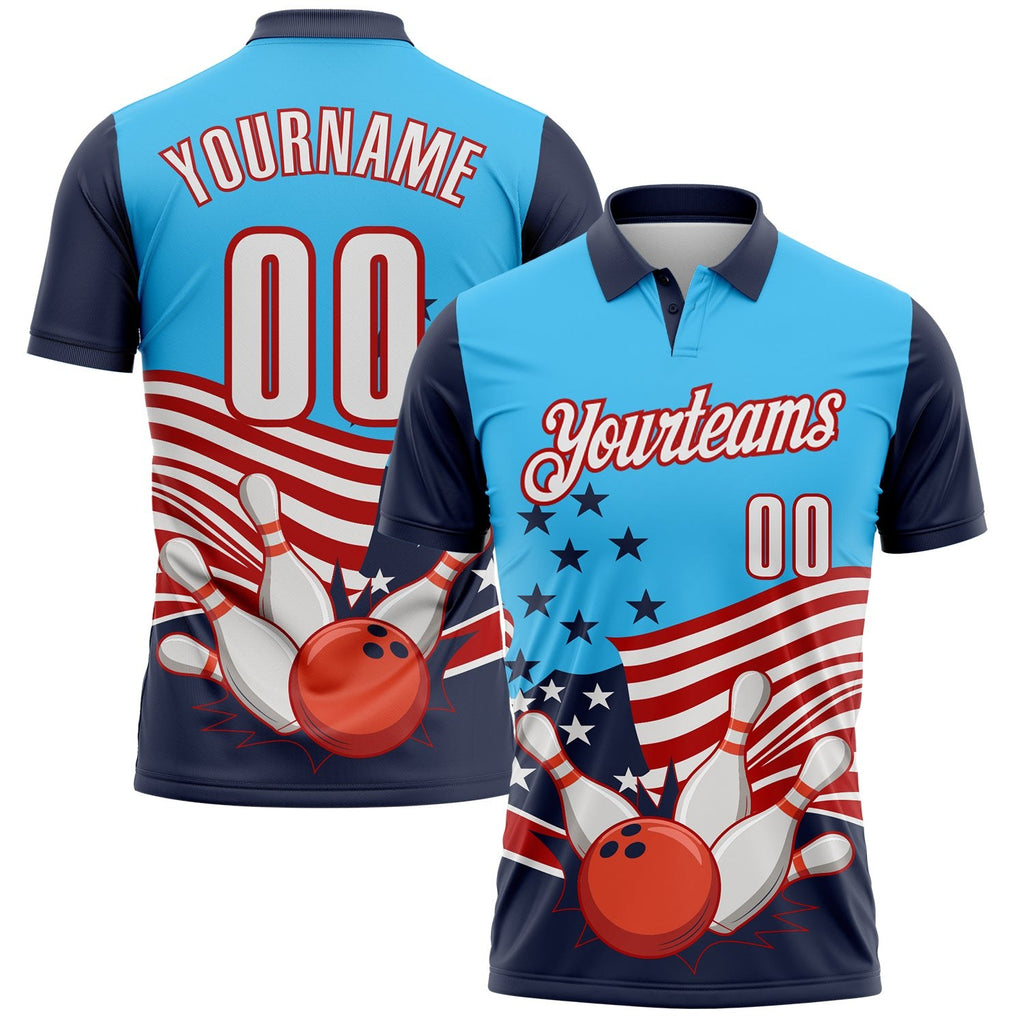 Custom Sky Blue White Navy-Red Patriotic American Flag Bowling Ball And Pins Strike Performance Polo Shirt photo 1