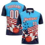Custom Sky Blue White Navy-Red Patriotic American Flag Bowling Ball And Pins Strike Performance Polo Shirt photo 1