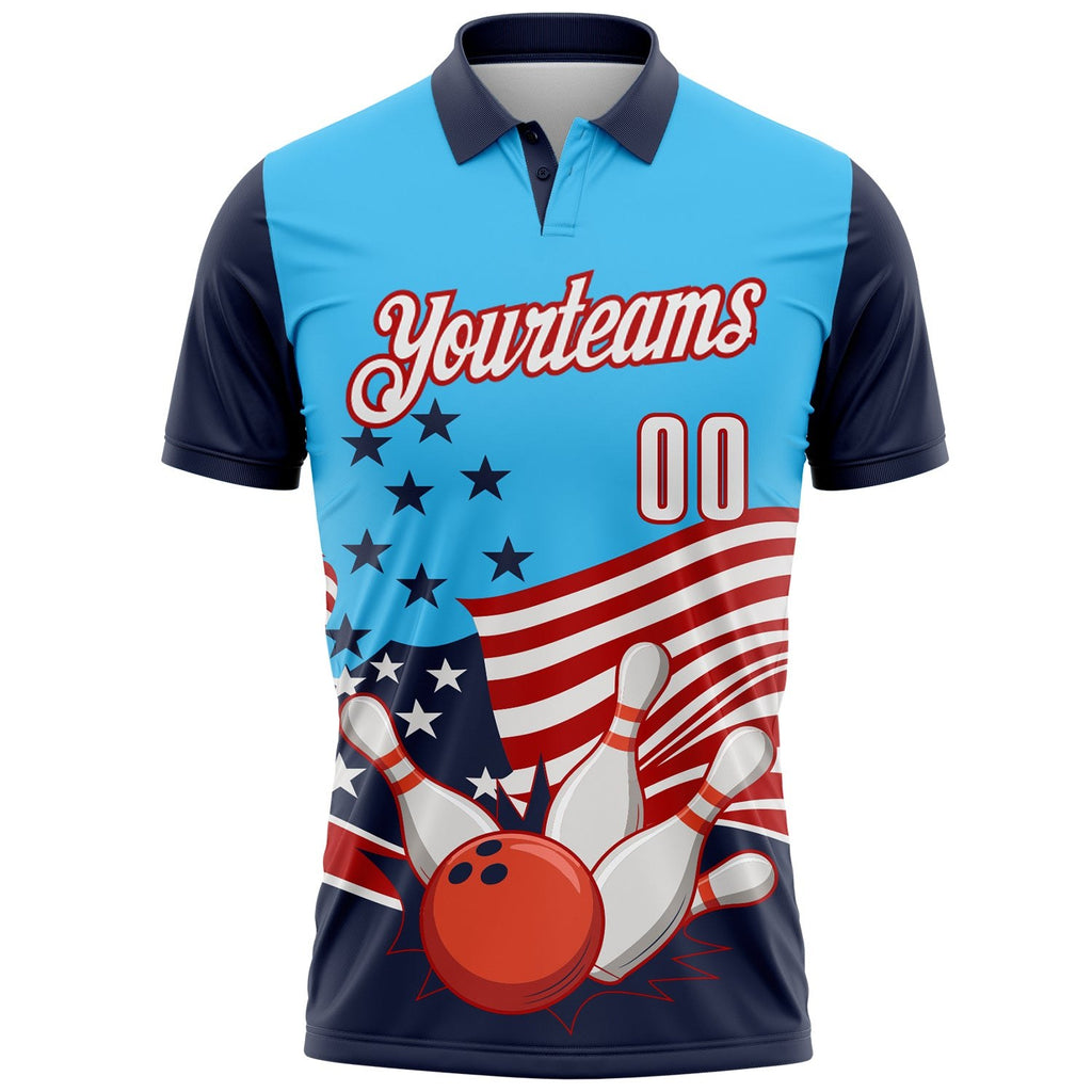 Custom Sky Blue White Navy-Red Patriotic American Flag Bowling Ball And Pins Strike Performance Polo Shirt photo 2