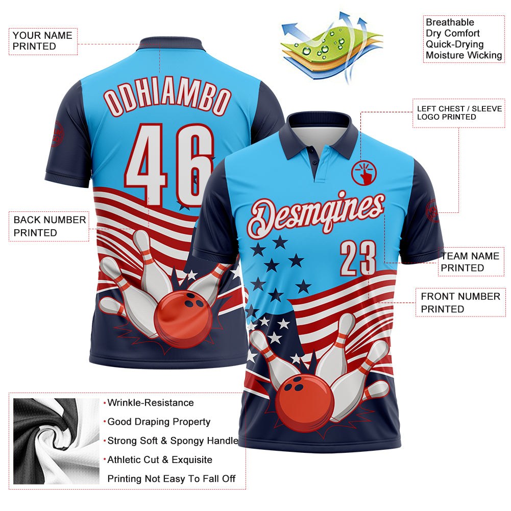 Custom Sky Blue White Navy-Red Patriotic American Flag Bowling Ball And Pins Strike Performance Polo Shirt photo 3
