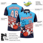 Custom Sky Blue White Navy-Red Patriotic American Flag Bowling Ball And Pins Strike Performance Polo Shirt photo 3