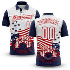 Custom White Navy-Red Patriotic American Flag Bowling Ball And Pins Strike Performance Polo Shirt