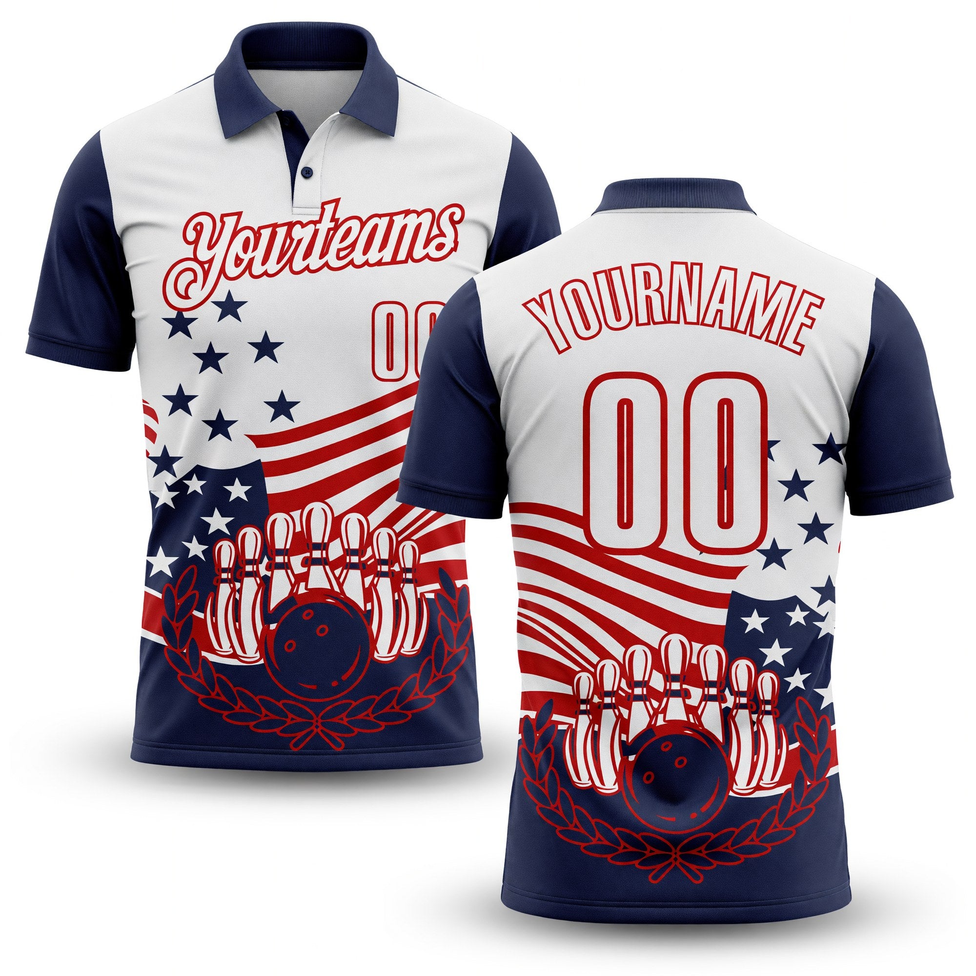 Custom White Navy-Red Patriotic American Flag Bowling Ball And Pins Strike Performance Polo Shirt