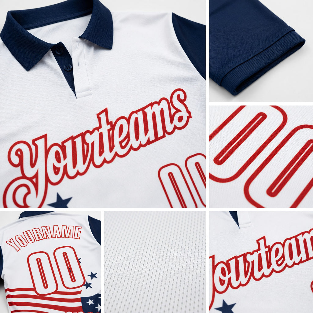 Custom White Navy-Red Patriotic American Flag Bowling Ball And Pins Strike Performance Polo Shirt detail