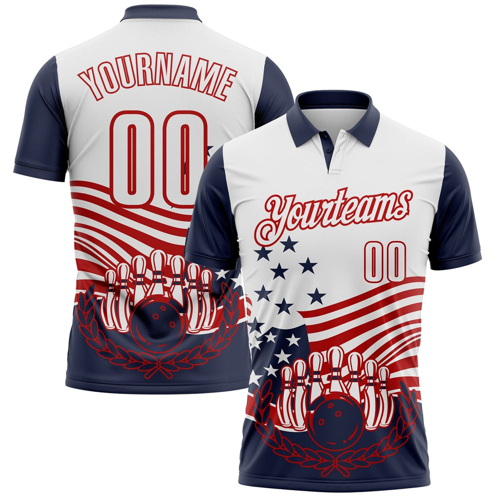 Custom White Navy-Red Patriotic American Flag Bowling Ball And Pins Strike Performance Polo Shirt photo 1