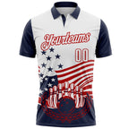 Custom White Navy-Red Patriotic American Flag Bowling Ball And Pins Strike Performance Polo Shirt photo 2