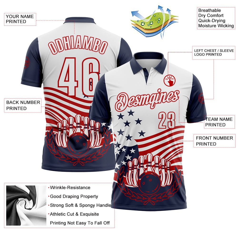 Custom White Navy-Red Patriotic American Flag Bowling Ball And Pins Strike Performance Polo Shirt photo 3