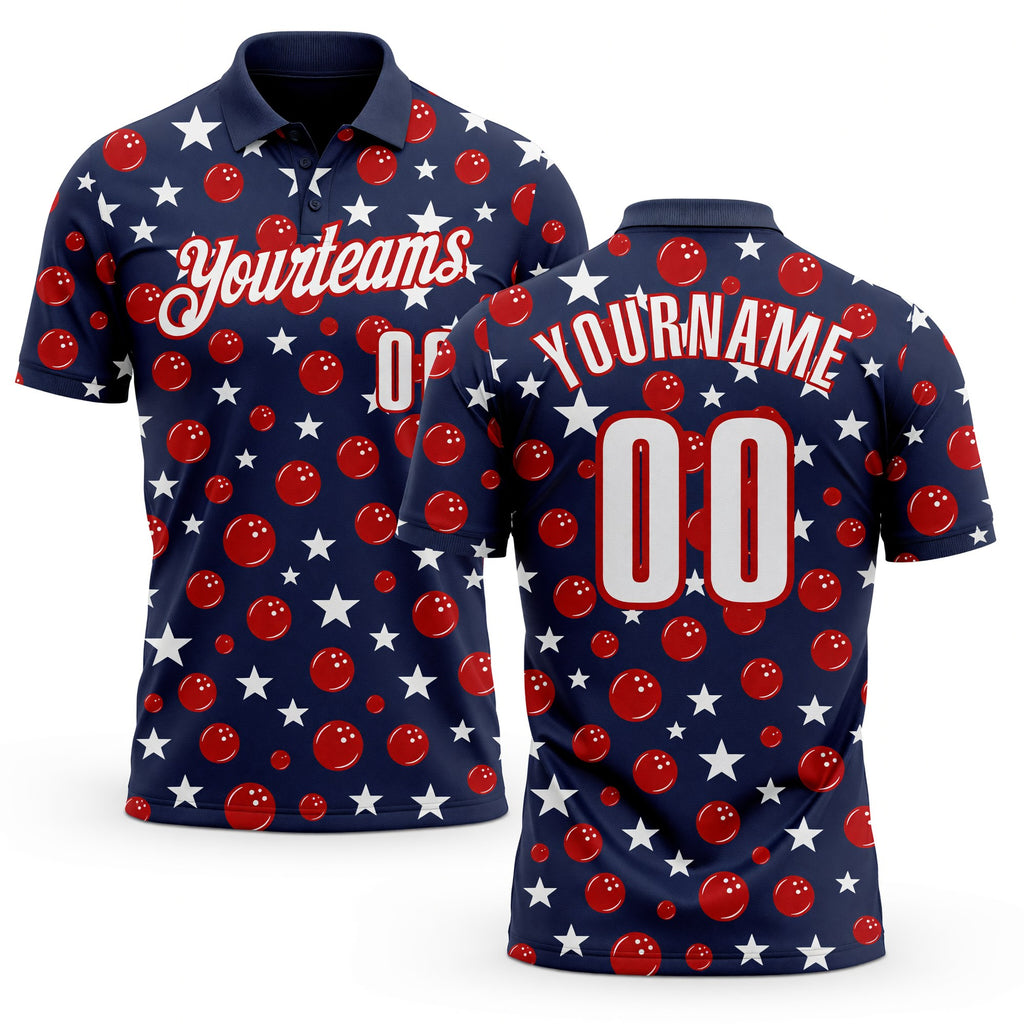 Custom Navy White-Red Patriotic Stars Bowling Balls Performance Polo Shirt