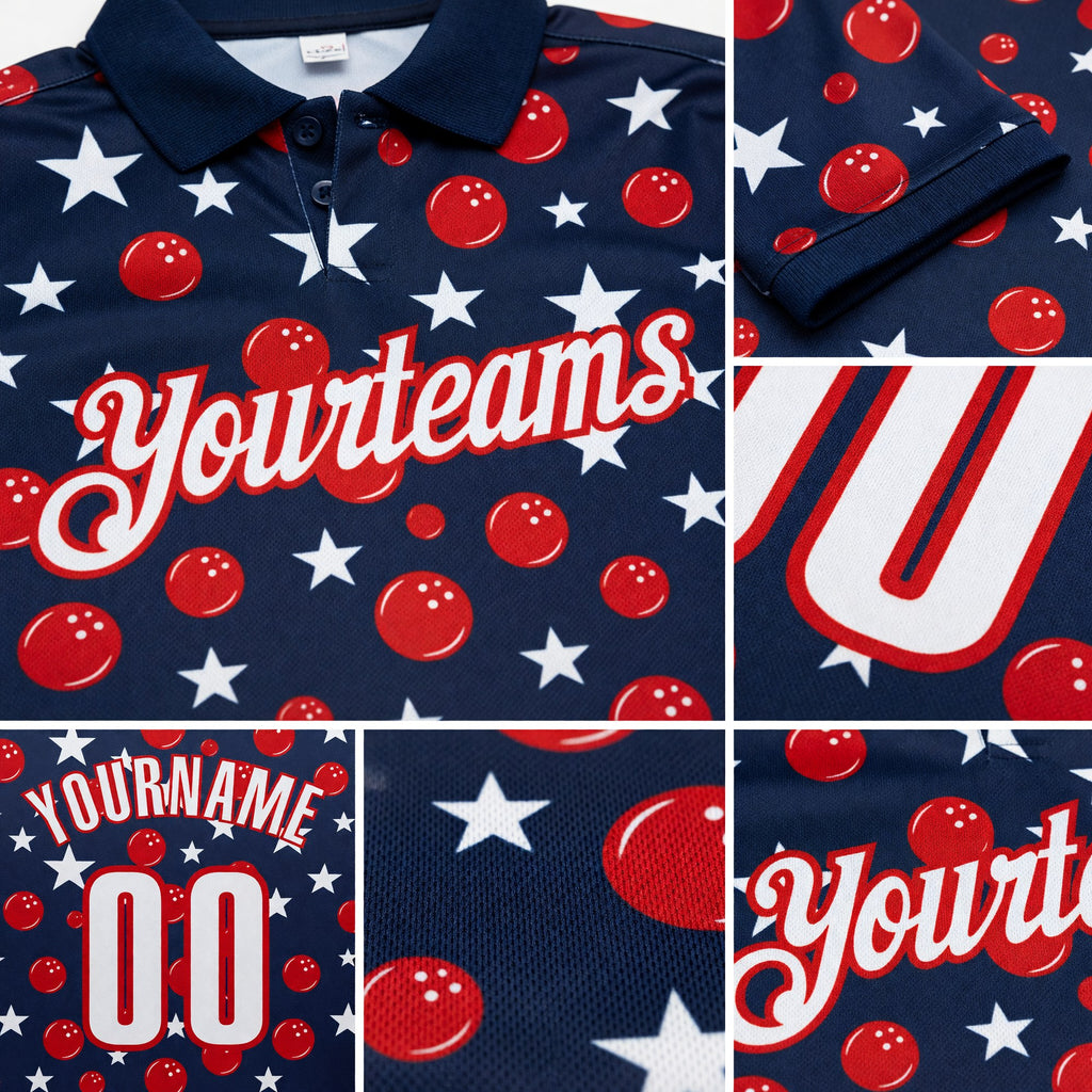Custom Navy White-Red Patriotic Stars Bowling Balls Performance Polo Shirt detail