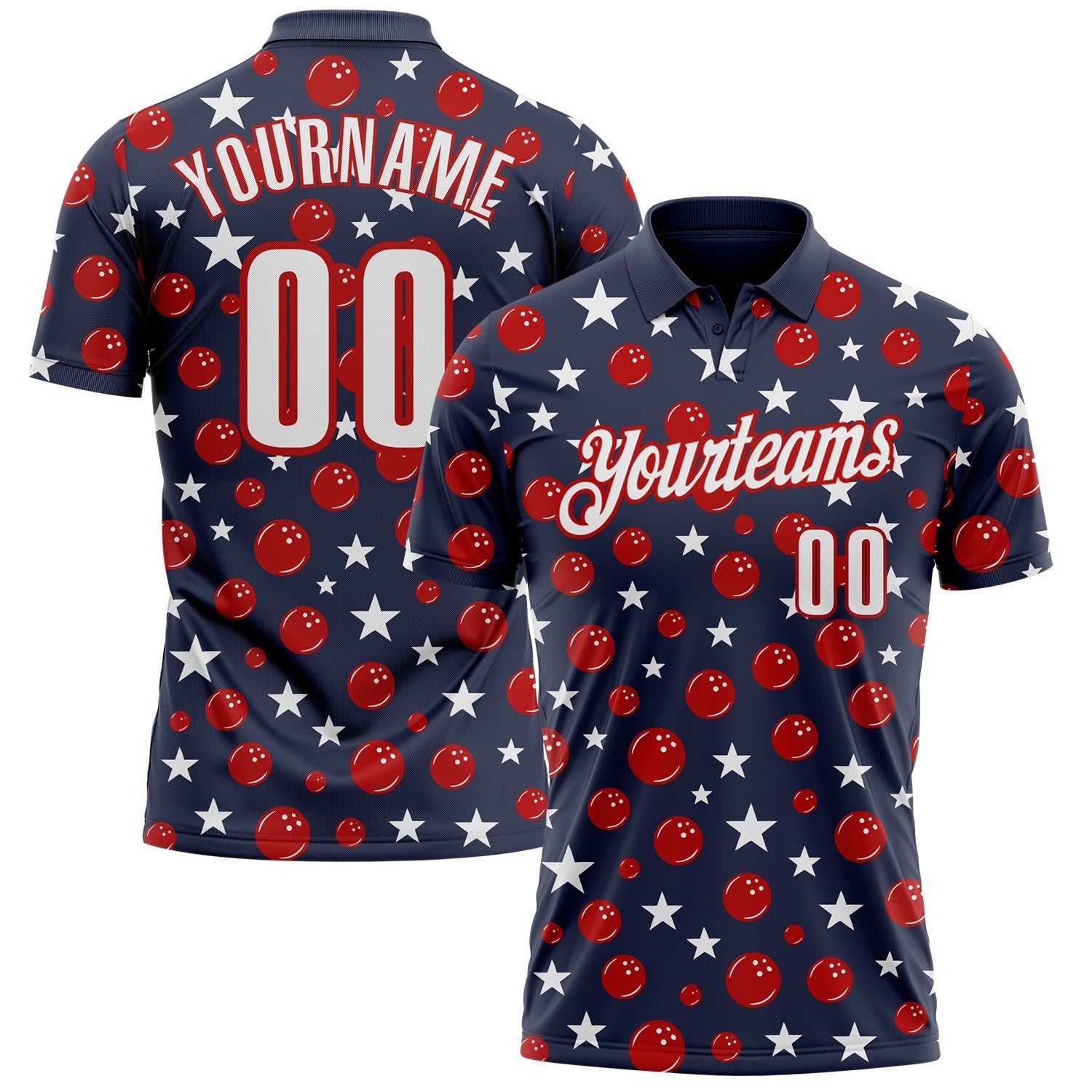Custom Navy White-Red Patriotic Stars Bowling Balls Performance Polo Shirt photo 1