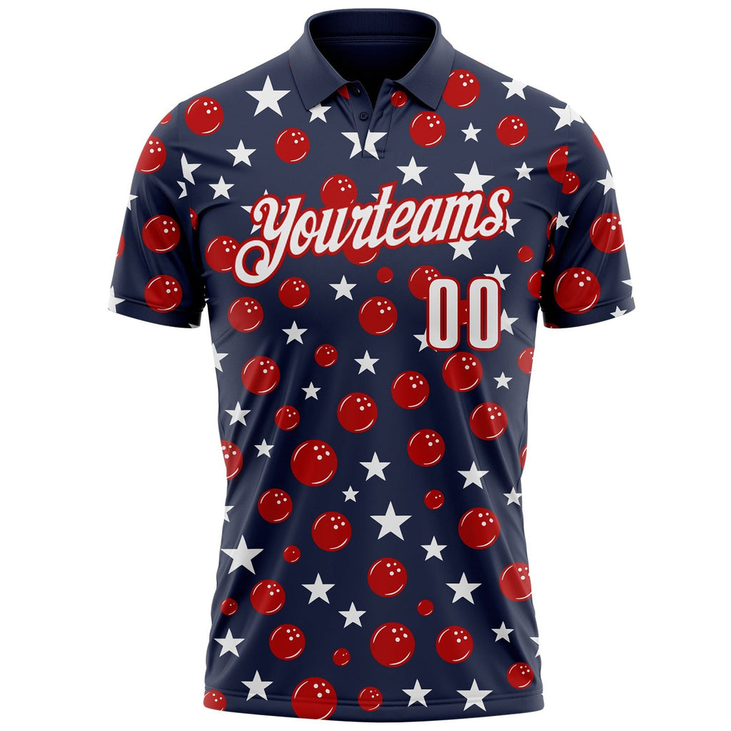 Custom Navy White-Red Patriotic Stars Bowling Balls Performance Polo Shirt photo 2