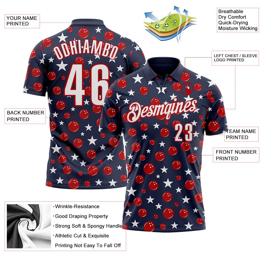 Custom Navy White-Red Patriotic Stars Bowling Balls Performance Polo Shirt photo 3