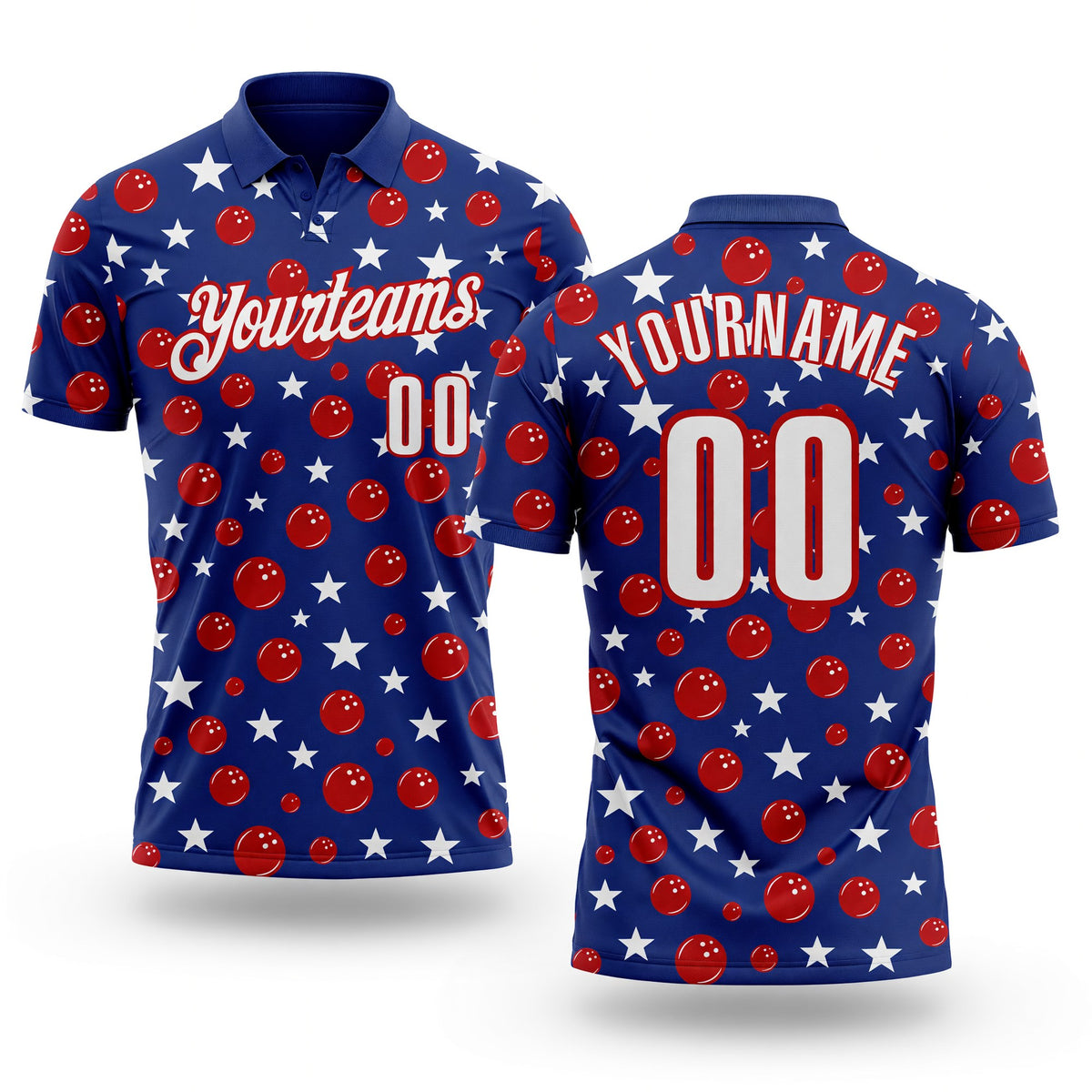 Custom Royal White-Red Patriotic Stars Bowling Balls Performance Polo Shirt