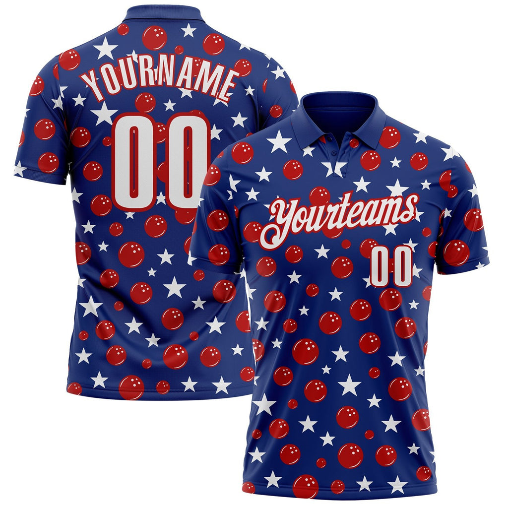 Custom Royal White-Red Patriotic Stars Bowling Balls Performance Polo Shirt photo 1