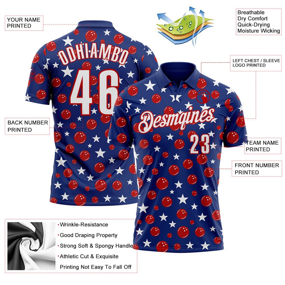 Custom Royal White-Red Patriotic Stars Bowling Balls Performance Polo Shirt photo 3