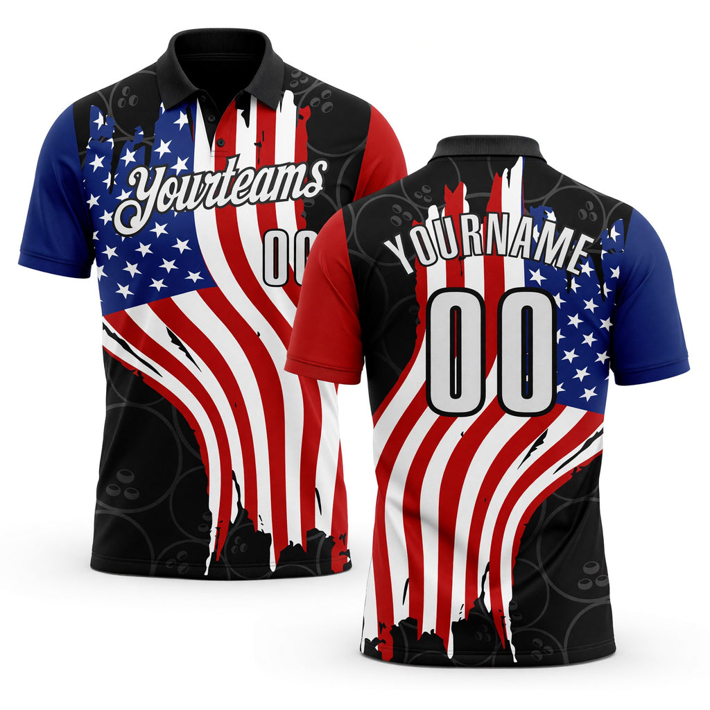 Custom Black White Royal-Red Patriotic American Flag Bowling Balls Performance Polo Shirt