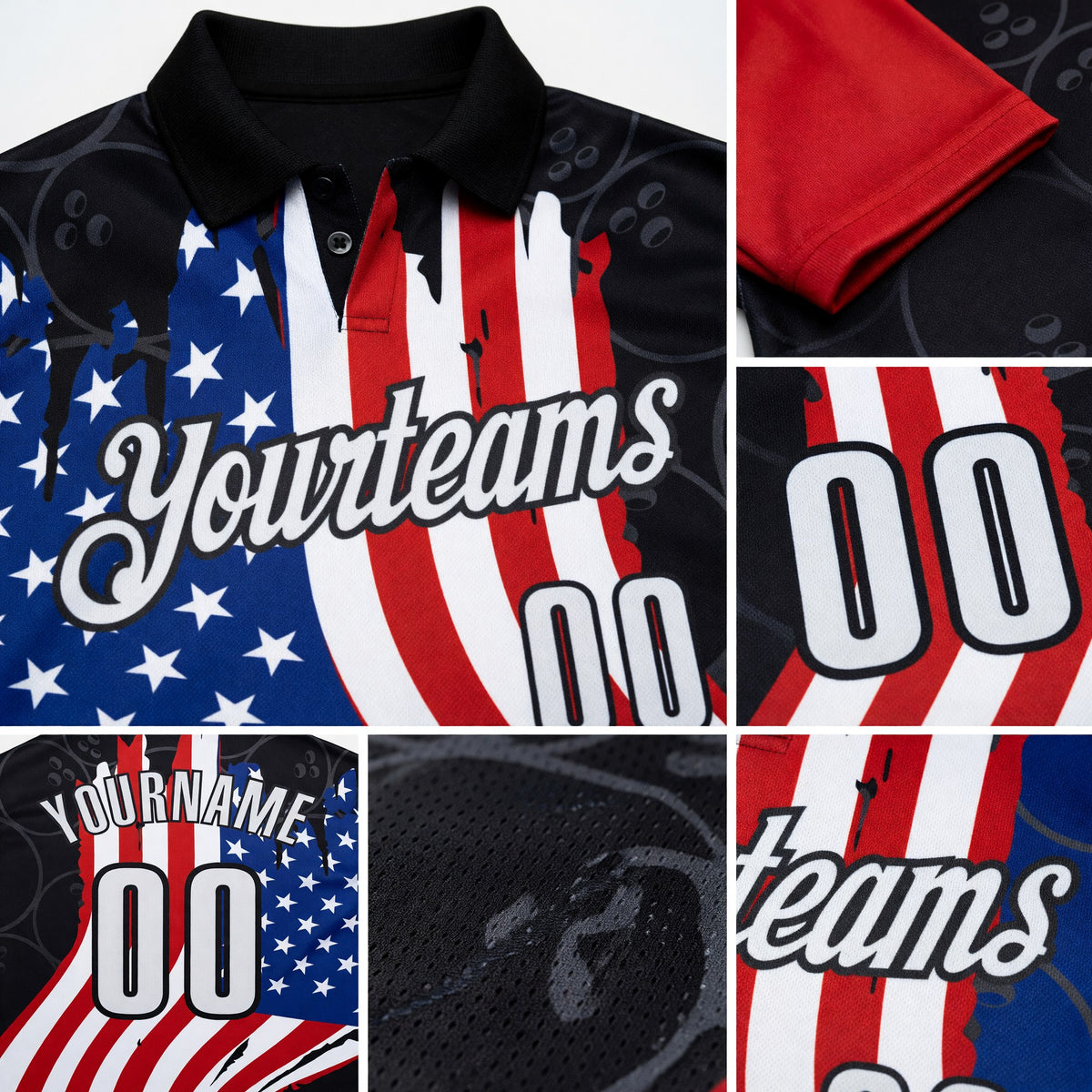 Custom Black White Royal-Red Patriotic American Flag Bowling Balls Performance Polo Shirt detail