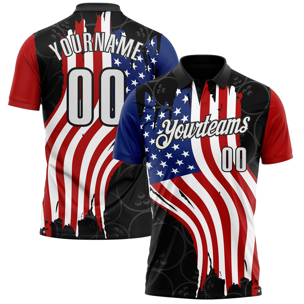 Custom Black White Royal-Red Patriotic American Flag Bowling Balls Performance Polo Shirt photo 1
