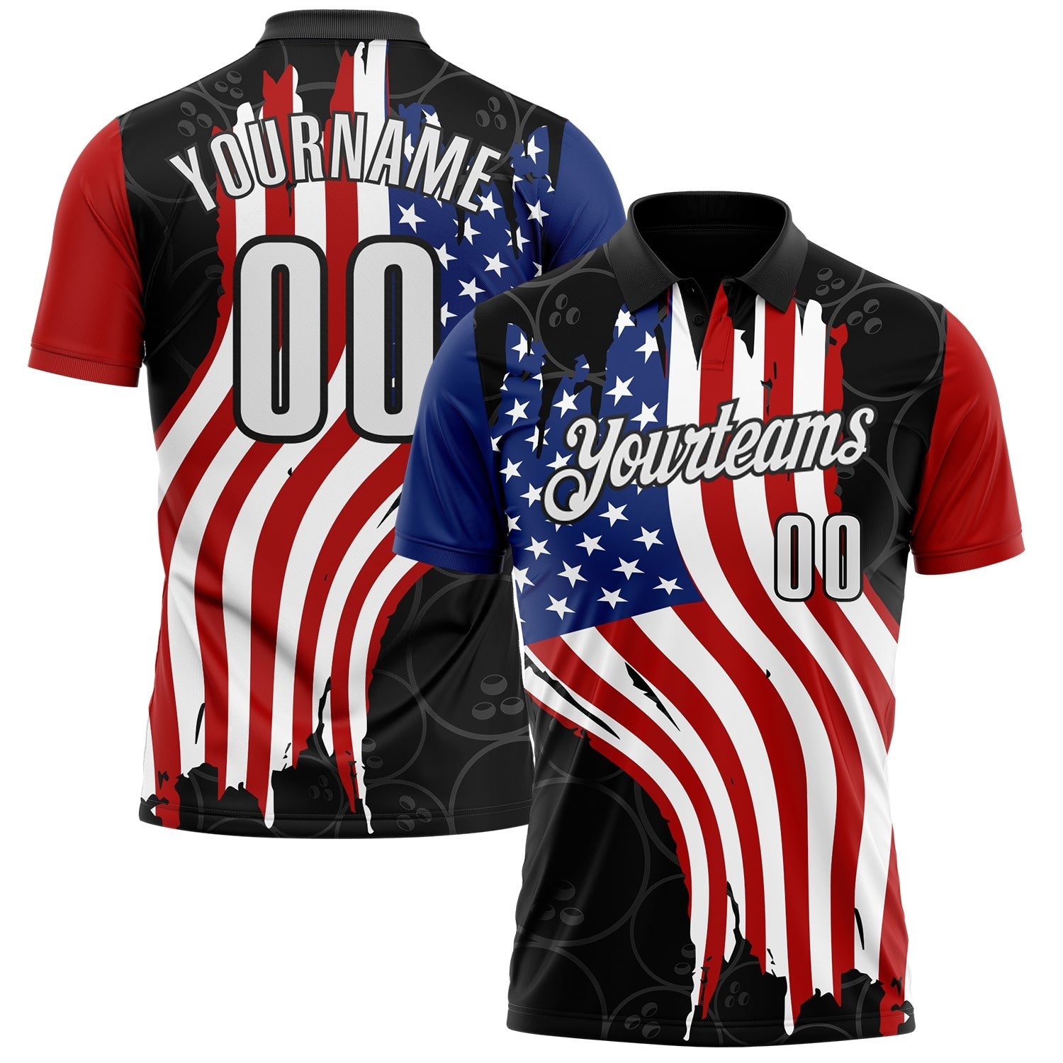 Custom Black White Royal-Red Patriotic American Flag Bowling Balls Performance Polo Shirt photo 1