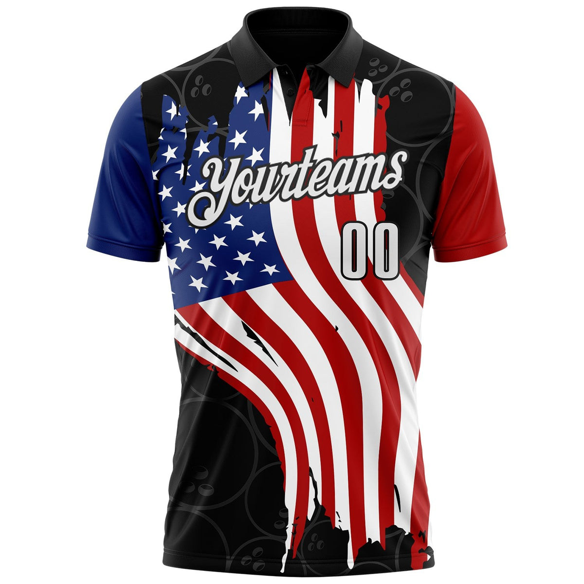 Custom Black White Royal-Red Patriotic American Flag Bowling Balls Performance Polo Shirt photo 2
