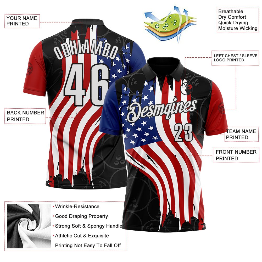 Custom Black White Royal-Red Patriotic American Flag Bowling Balls Performance Polo Shirt photo 3