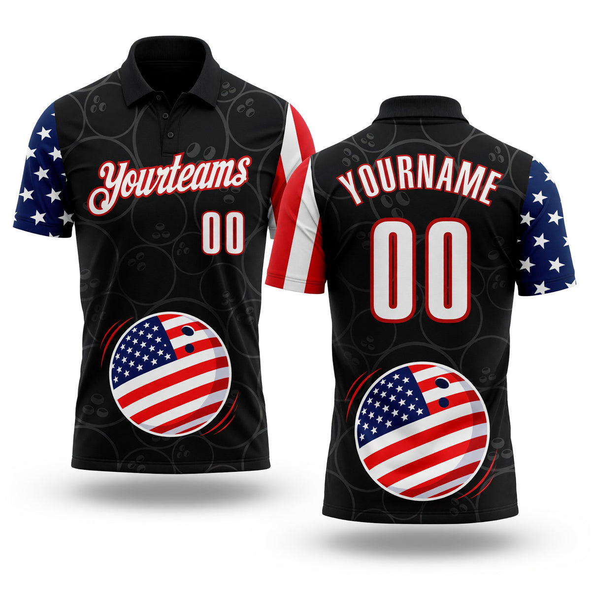 Custom Black White Royal-Red Patriotic American Flag Bowling Balls Performance Polo Shirt