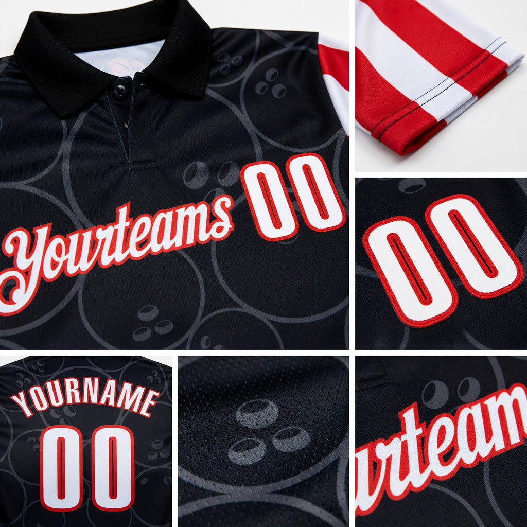 Custom Black White Royal-Red Patriotic American Flag Bowling Balls Performance Polo Shirt detail