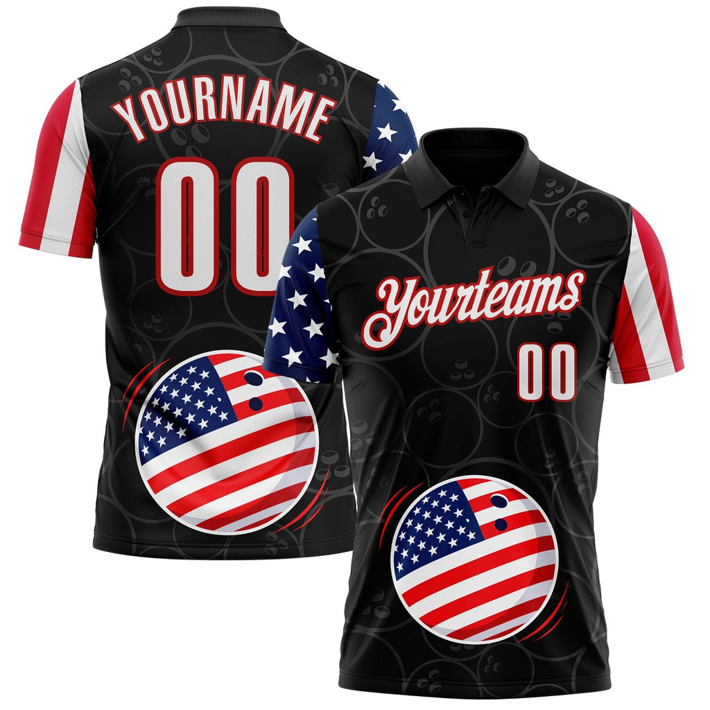 Custom Black White Royal-Red Patriotic American Flag Bowling Balls Performance Polo Shirt photo 1