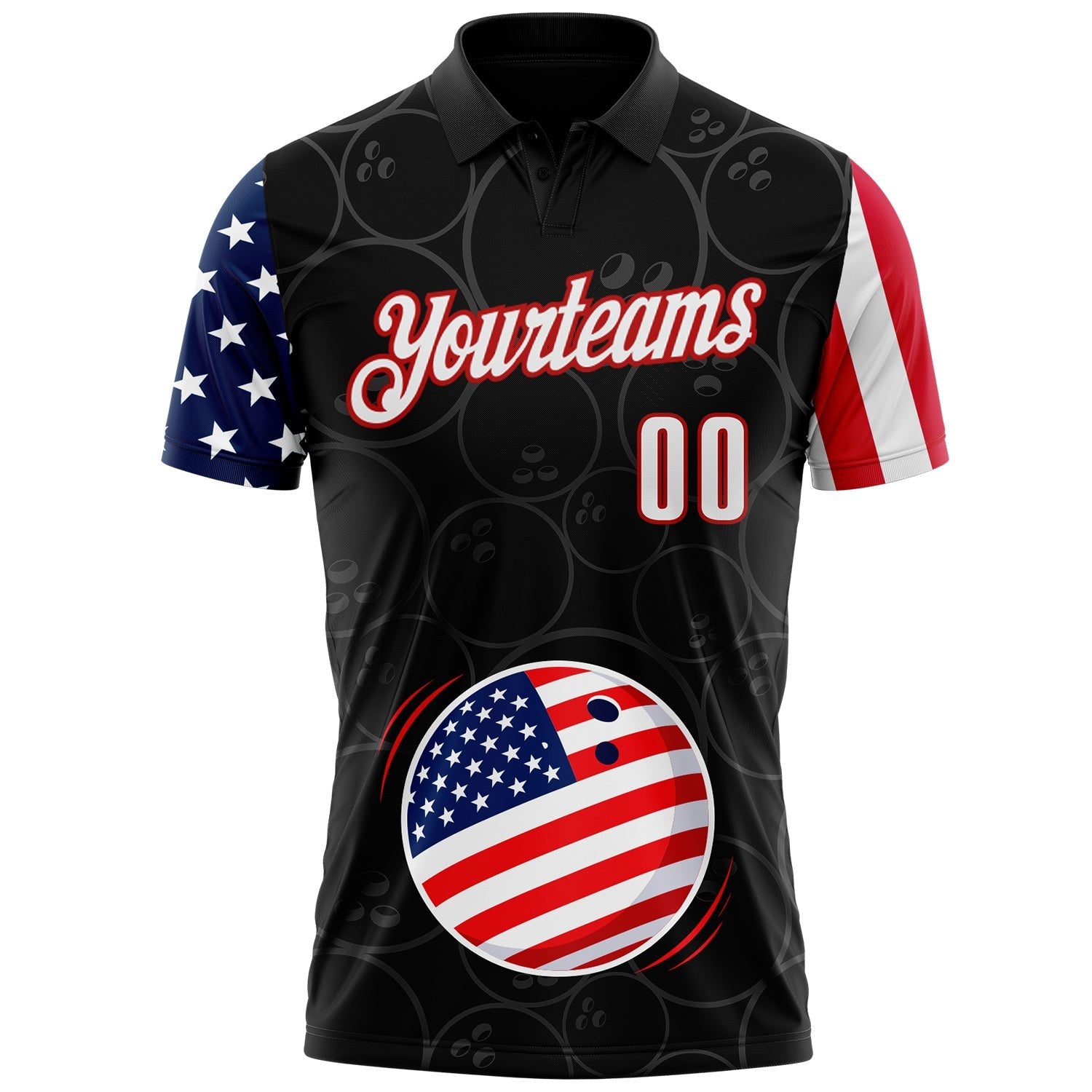 Custom Black White Royal-Red Patriotic American Flag Bowling Balls Performance Polo Shirt photo 2