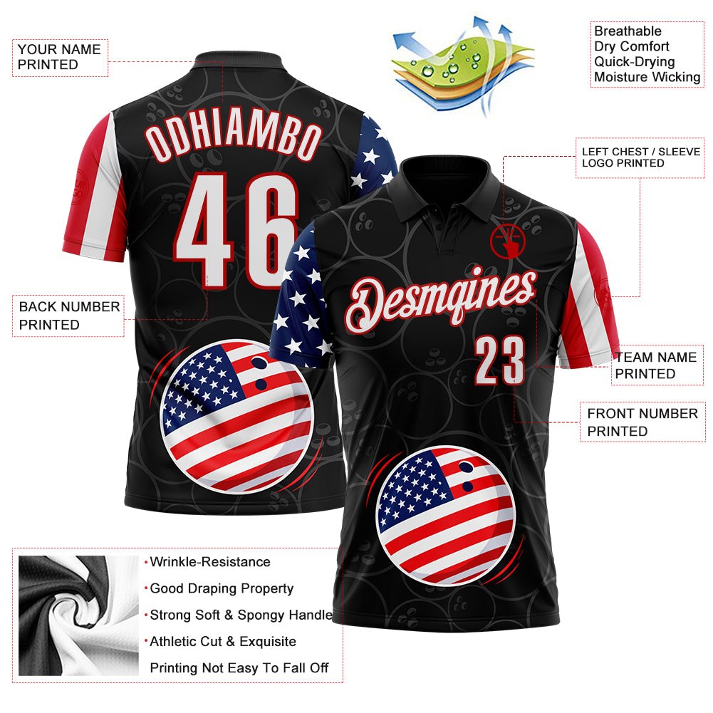 Custom Black White Royal-Red Patriotic American Flag Bowling Balls Performance Polo Shirt photo 3