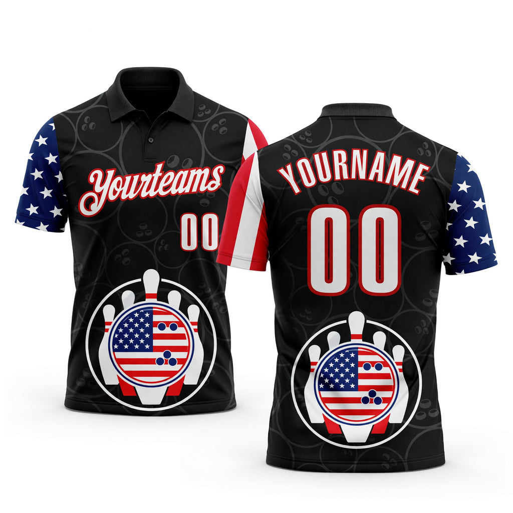 Custom Black White Royal-Red Patriotic American Flag Bowling Ball And Pins Performance Polo Shirt