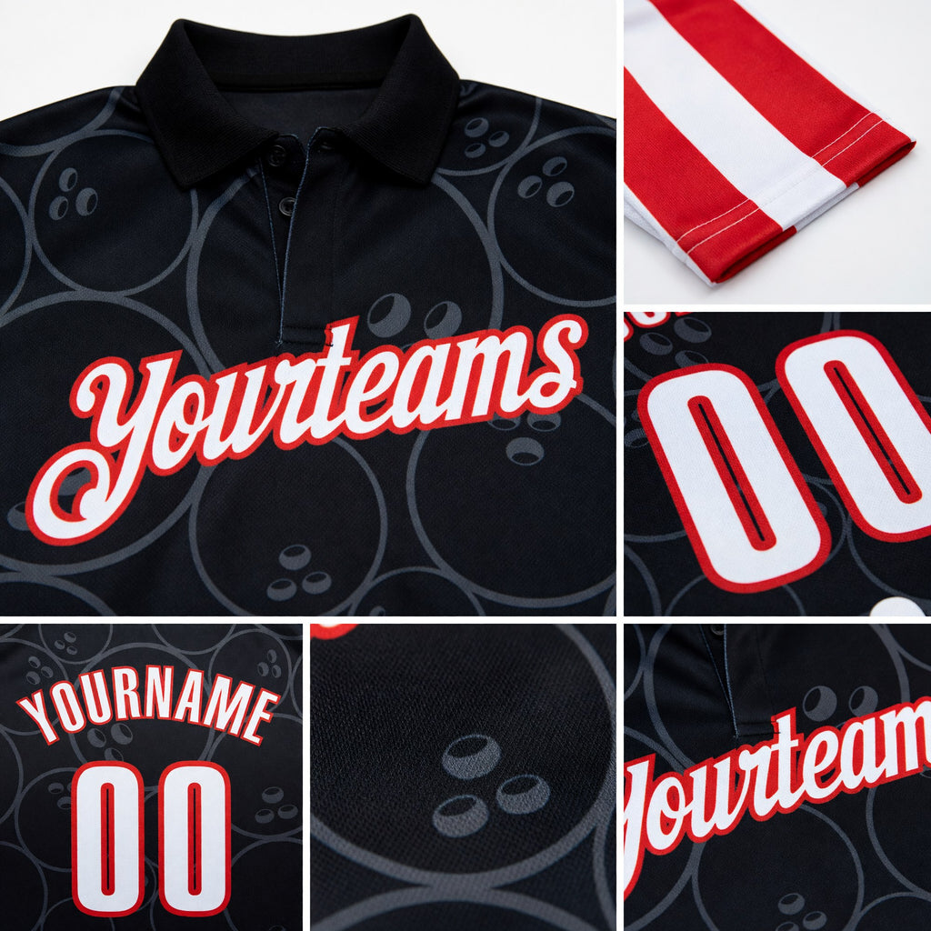 Custom Black White Royal-Red Patriotic American Flag Bowling Ball And Pins Performance Polo Shirt detail