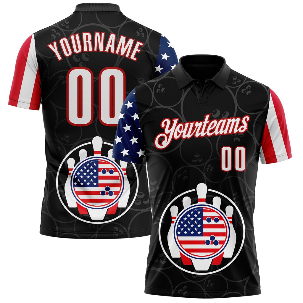 Custom Black White Royal-Red Patriotic American Flag Bowling Ball And Pins Performance Polo Shirt photo 1