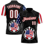 Custom Black White Royal-Red Patriotic American Flag Bowling Ball And Pins Performance Polo Shirt photo 1