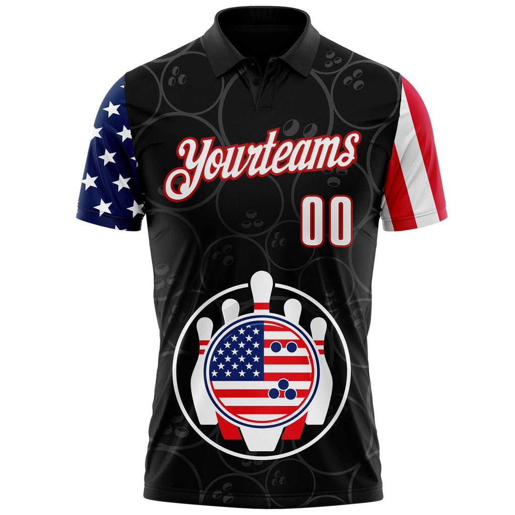 Custom Black White Royal-Red Patriotic American Flag Bowling Ball And Pins Performance Polo Shirt photo 2