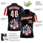 Custom Black White Royal-Red Patriotic American Flag Bowling Ball And Pins Performance Polo Shirt photo 3