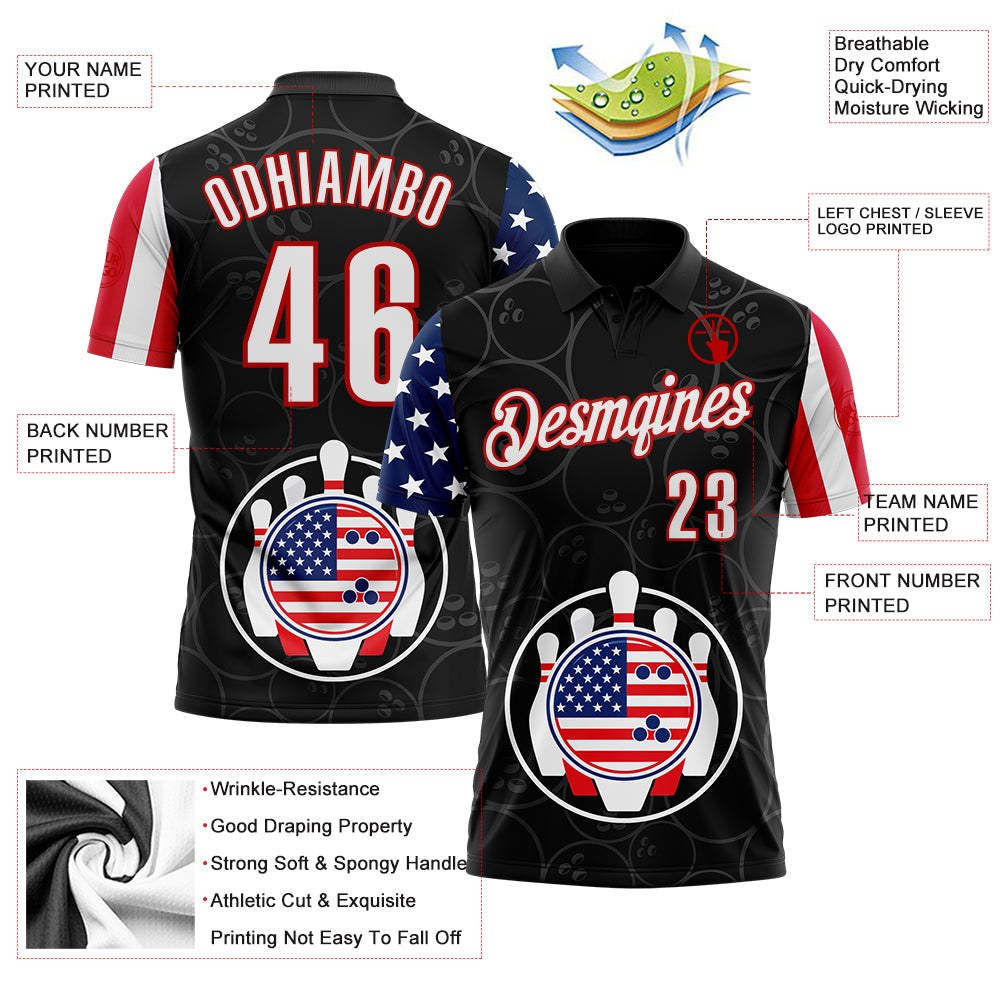 Custom Black White Royal-Red Patriotic American Flag Bowling Ball And Pins Performance Polo Shirt photo 3