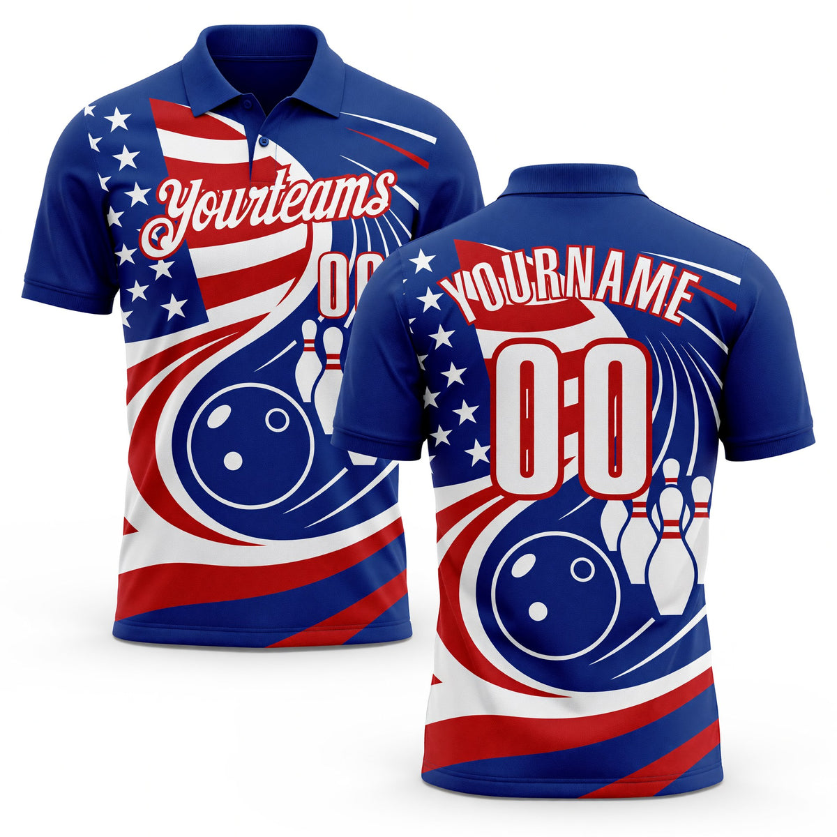 Custom Royal White-Red Patriotic American Flag Bowling Ball And Pins Performance Polo Shirt