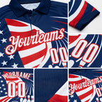 Custom Royal White-Red Patriotic American Flag Bowling Ball And Pins Performance Polo Shirt detail